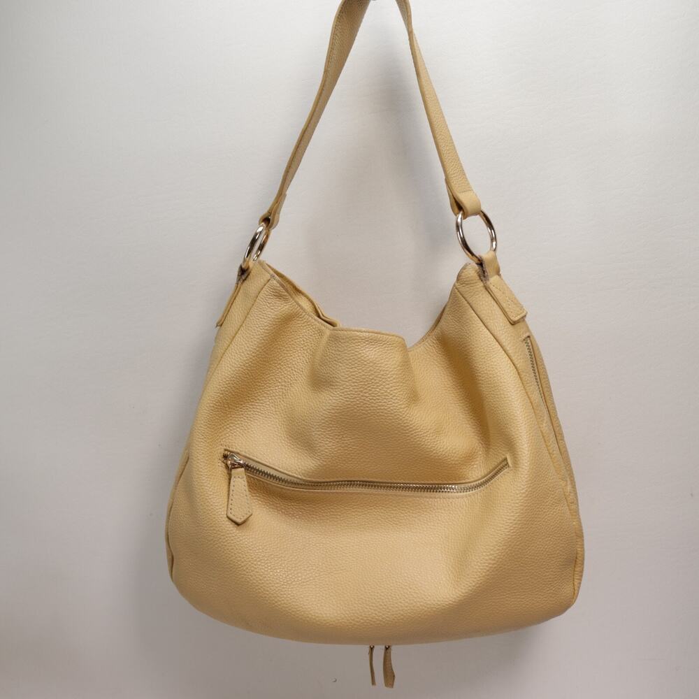 Laggo Hobo Handbag M Yellow Pebble Leather Hobo Zip Expand Pocket Shoulder Lined